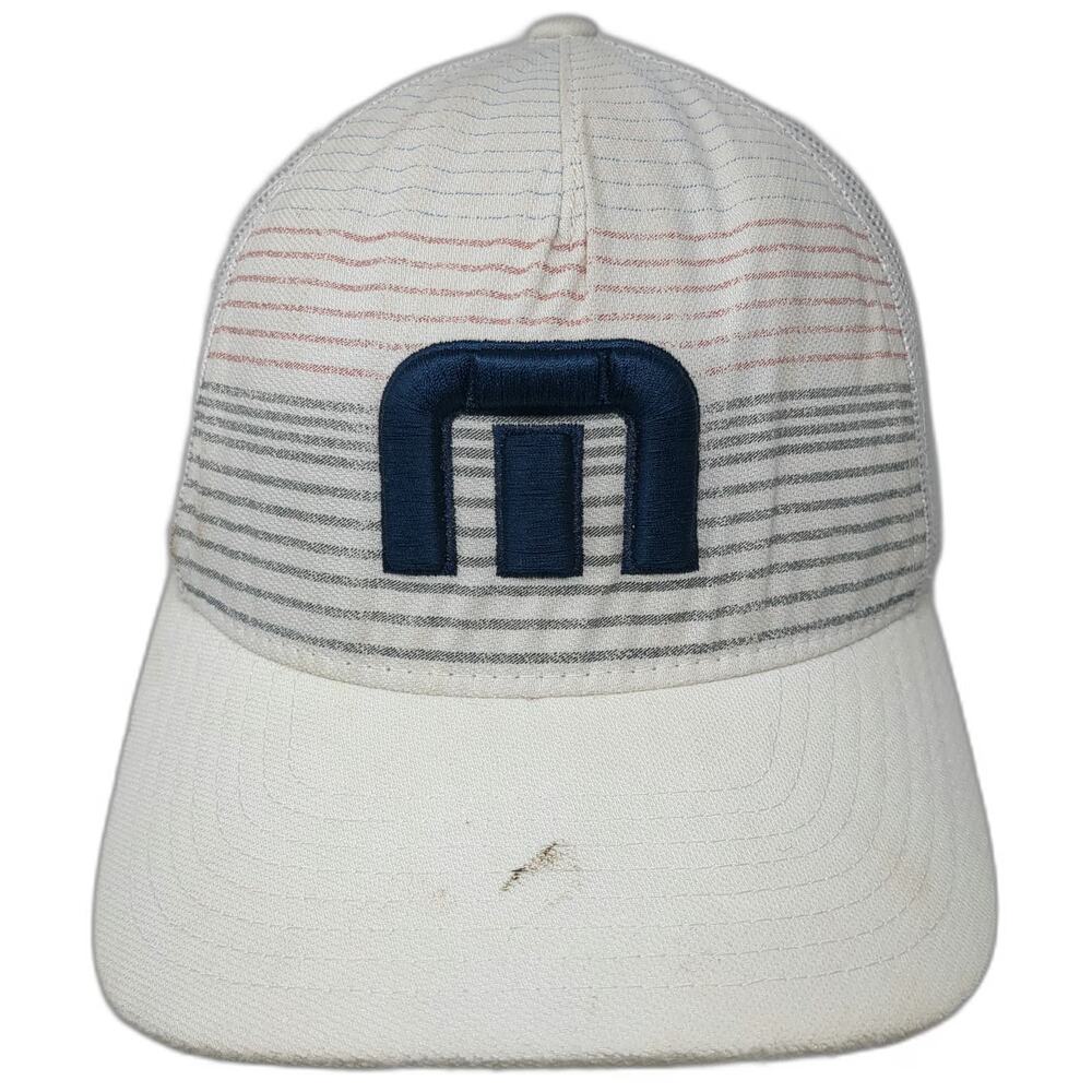 TravisMathew Trucker Hat White Blue Gray One Size Mesh Back Striped Structured